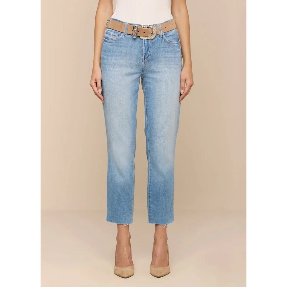 L'AGENCE Sada Cropped Slim Straight Jeans Atlantic Blue Raw Hem 25